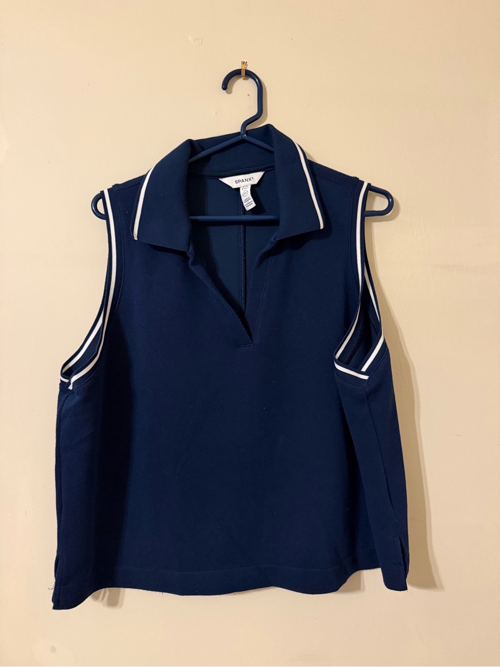 SPANX Navy Sleeveless Polo Tank with White Piping